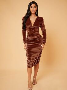 SHEIN SXY Deep V Neck Ruched Velvet Bodycon Dress - Brown - View 3