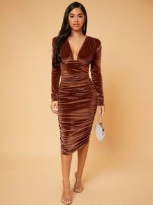 SHEIN SXY Deep V Neck Ruched Velvet Bodycon Dress - Brown - View 6