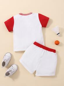 男嬰字母圖案撞色T恤和短褲 - 白色 - 查看 2