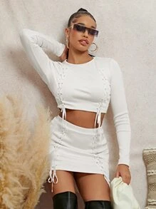 SHEIN SXY 金屬氣眼繫帶短款上衣和半身裙 - 白色 - 查看 1