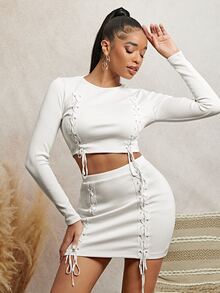SHEIN SXY 金屬氣眼繫帶短款上衣和半身裙 - 白色 - 查看 4