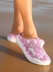 Flower Graphic Hollow Out Clogs - Pink - View 1
