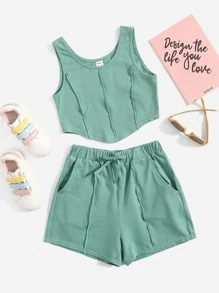 SHEIN Bộ hai mảnh Gái Thắt nút Túi màu trơn Giải trí - Màu xanh Bạc hà - Xem 1