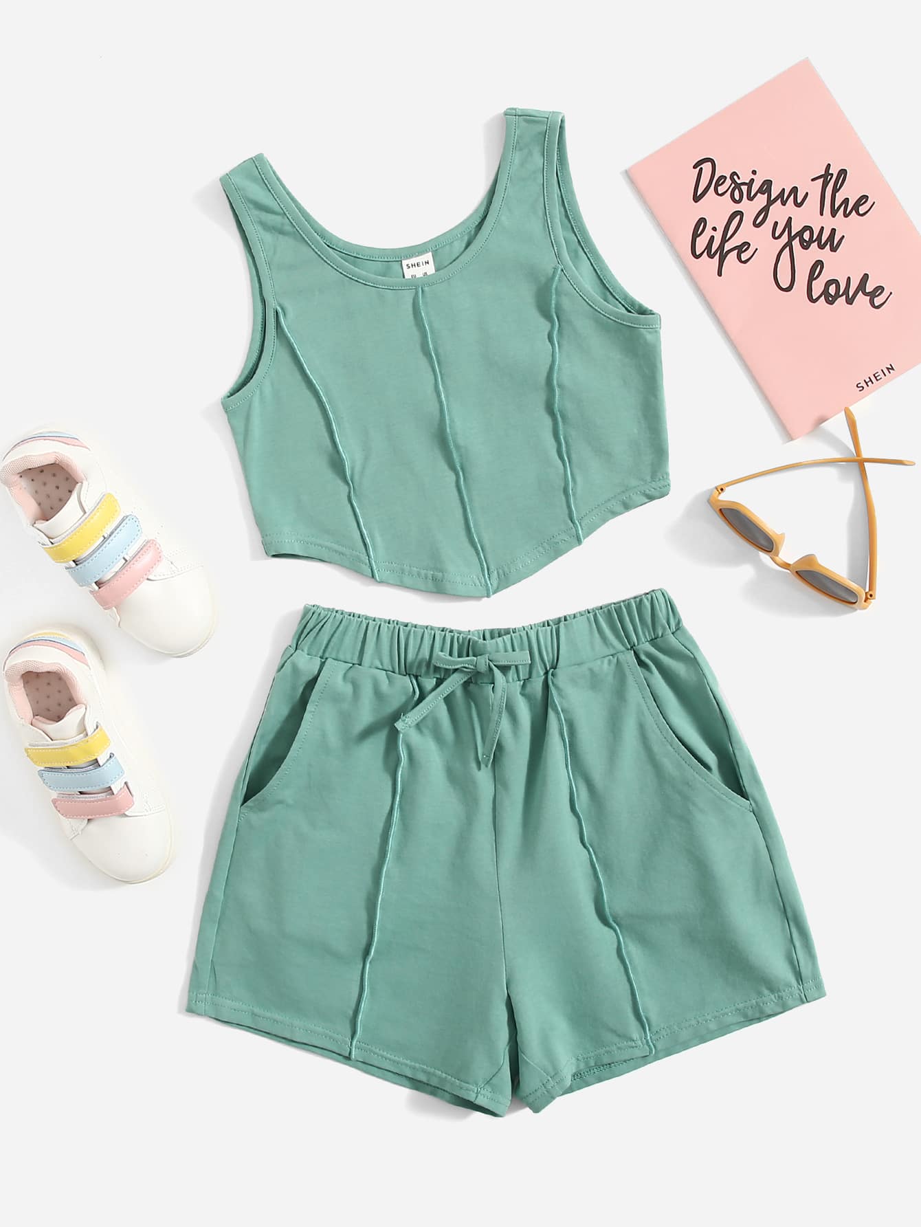 SHEIN Bộ hai mảnh Gái Thắt nút Túi màu trơn Giải trí - Màu xanh Bạc hà - Xem 1