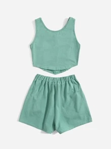 SHEIN Bộ hai mảnh Gái Thắt nút Túi màu trơn Giải trí - Màu xanh Bạc hà - Xem 2