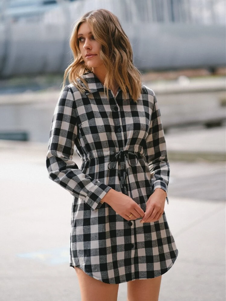 Buffalo Plaid Drawstring Waist Wool-Mix Shirt Dress | SHEIN