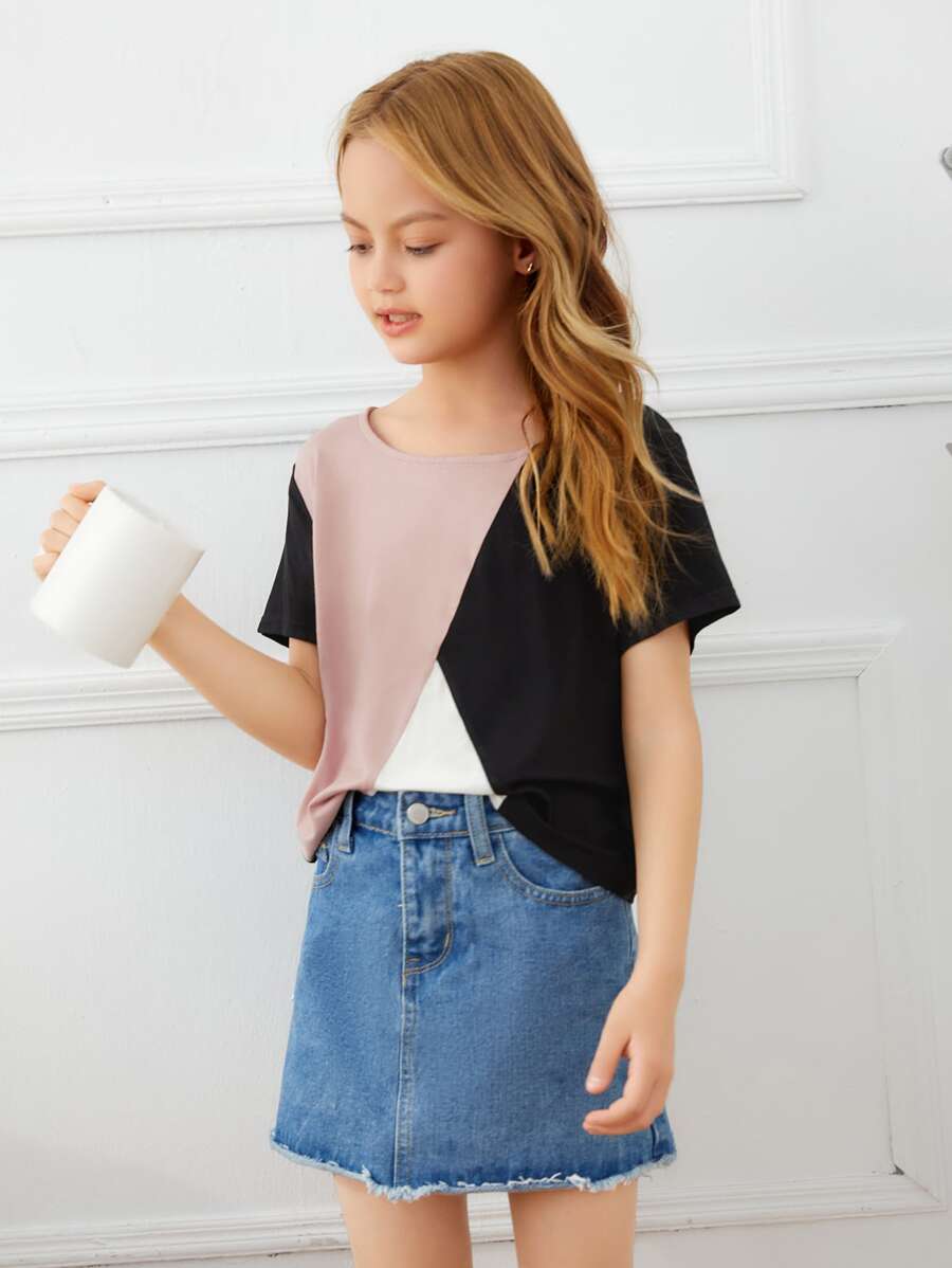 SHEIN 女孩撞色T恤 - 彩色 - 查看 1