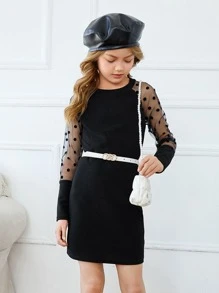 SHEIN Tween Girl Contrast Polka Dot Mesh Raglan Sleeve Tee Dress Without Belt - Black - View 1