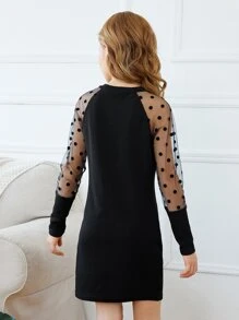 SHEIN Tween Girl Contrast Polka Dot Mesh Raglan Sleeve Tee Dress Without Belt - Black - View 2