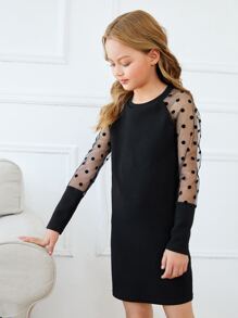 SHEIN Tween Girl Contrast Polka Dot Mesh Raglan Sleeve Tee Dress Without Belt - Black - View 3