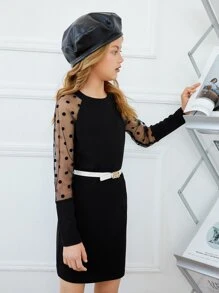 SHEIN Tween Girl Contrast Polka Dot Mesh Raglan Sleeve Tee Dress Without Belt - Black - View 4