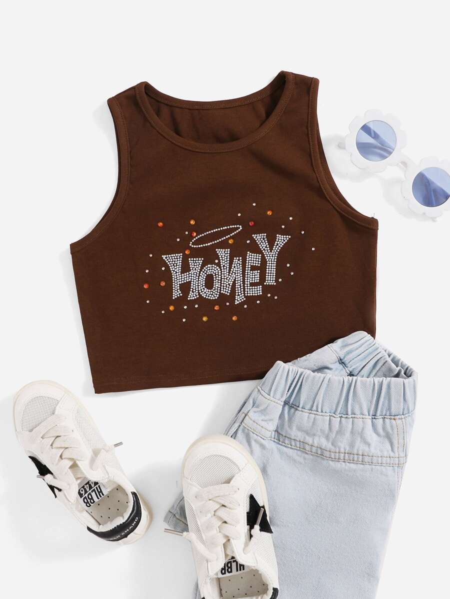 SHEIN Niñas Top tank con diamante de imitación con patrón de letra