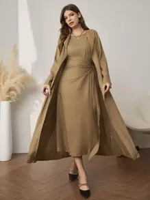 Al Najma Tie Side Dress & Open Front Coat Abayas - Khaki - View 1
