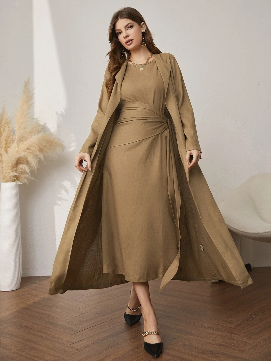 Al Najma Tie Side Dress & Open Front Coat Abayas - Khaki - View 1