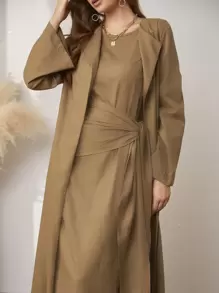 Al Najma Tie Side Dress & Open Front Coat Abayas - Khaki - View 3