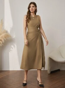 Al Najma Tie Side Dress & Open Front Coat Abayas - Khaki - View 4