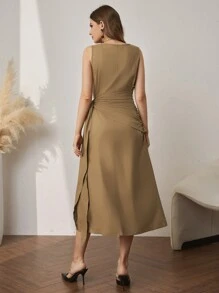 Al Najma Tie Side Dress & Open Front Coat Abayas - Khaki - View 5