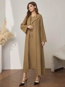 Al Najma Tie Side Dress & Open Front Coat Abayas - Khaki - View 6