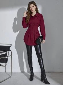 Mulvari Camisa burdeos de hombros caídos con cintura plisada sin cinturón - Burdeos - Ver 3