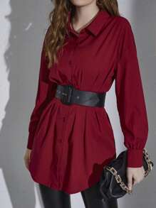 Mulvari Camisa burdeos de hombros caídos con cintura plisada sin cinturón - Burdeos - Ver 4