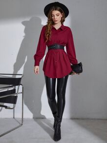 Mulvari Camisa burdeos de hombros caídos con cintura plisada sin cinturón - Burdeos - Ver 7