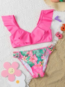 SHEIN Tween Girl Floral Print Ruffle Trim Bikini Set Summer Beach Summer Holiday - Pink - View 1