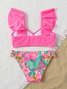 SHEIN Tween Girl Floral Print Ruffle Trim Bikini Set Summer Beach Summer Holiday - Pink - View 2