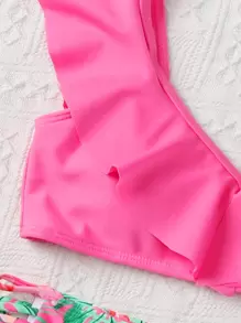 SHEIN Tween Girl Floral Print Ruffle Trim Bikini Set Summer Beach Summer Holiday - Pink - View 4