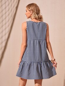 SHEIN Đầm Viên lá sen Kẻ sọc Dễ thương - Xanh và trắng - Xem 3