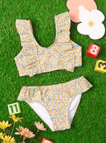 Young Girl Ditsy Floral Ruffle Trim Bikini Set Summer Beach - Yellow - View 1