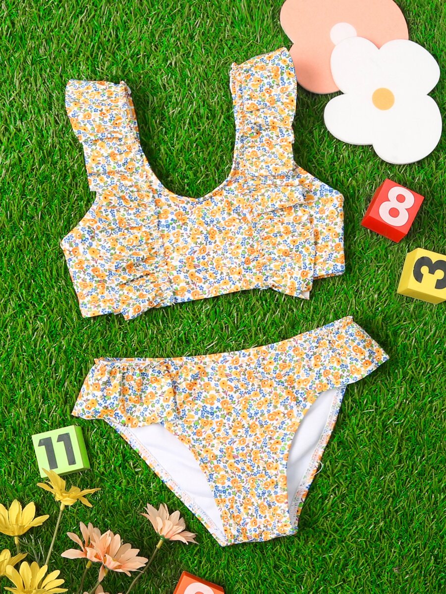 Young Girl Ditsy Floral Ruffle Trim Bikini Set Summer Beach - Yellow - View 1