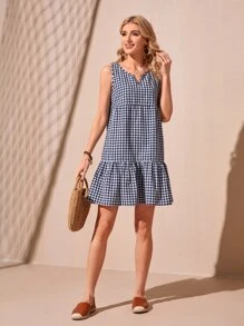 SHEIN Đầm Viên lá sen Kẻ sọc Dễ thương - Xanh và trắng - Xem 1