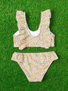 Young Girl Ditsy Floral Ruffle Trim Bikini Set Summer Beach - Yellow - View 2