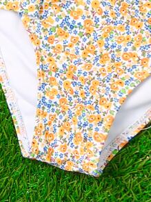 Young Girl Ditsy Floral Ruffle Trim Bikini Set Summer Beach - Yellow - View 3