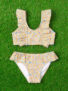 Young Girl Ditsy Floral Ruffle Trim Bikini Set Summer Beach - Yellow - View 4