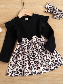 Toddler Girls Leopard Print Ruffle Trim Dress With Headband - Multicolor - View 1