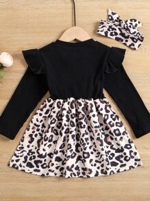 Toddler Girls Leopard Print Ruffle Trim Dress With Headband - Multicolor - View 2