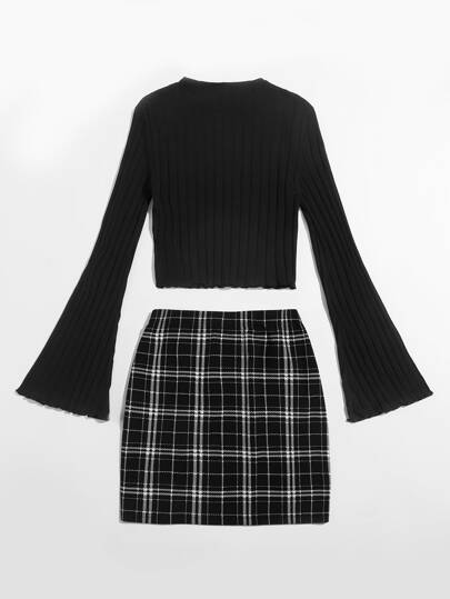 SHEIN EZwear Ensemble jupe à carreaux à ourlet fendu et top à manches cloche