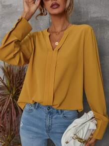 SHEIN LUNE Blusa unicolor escote V con botón puño - Mostaza Amarilla - Ver 1