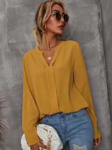 SHEIN LUNE Blusa unicolor escote V con botón puño - Mostaza Amarilla - Ver 3