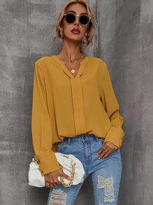 SHEIN LUNE Blusa unicolor escote V con botón puño - Mostaza Amarilla - Ver 4