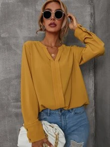 SHEIN LUNE Blusa unicolor escote V con botón puño - Mostaza Amarilla - Ver 5