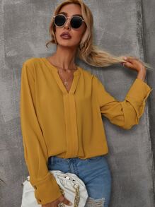 SHEIN LUNE Blusa unicolor escote V con botón puño - Mostaza Amarilla - Ver 6