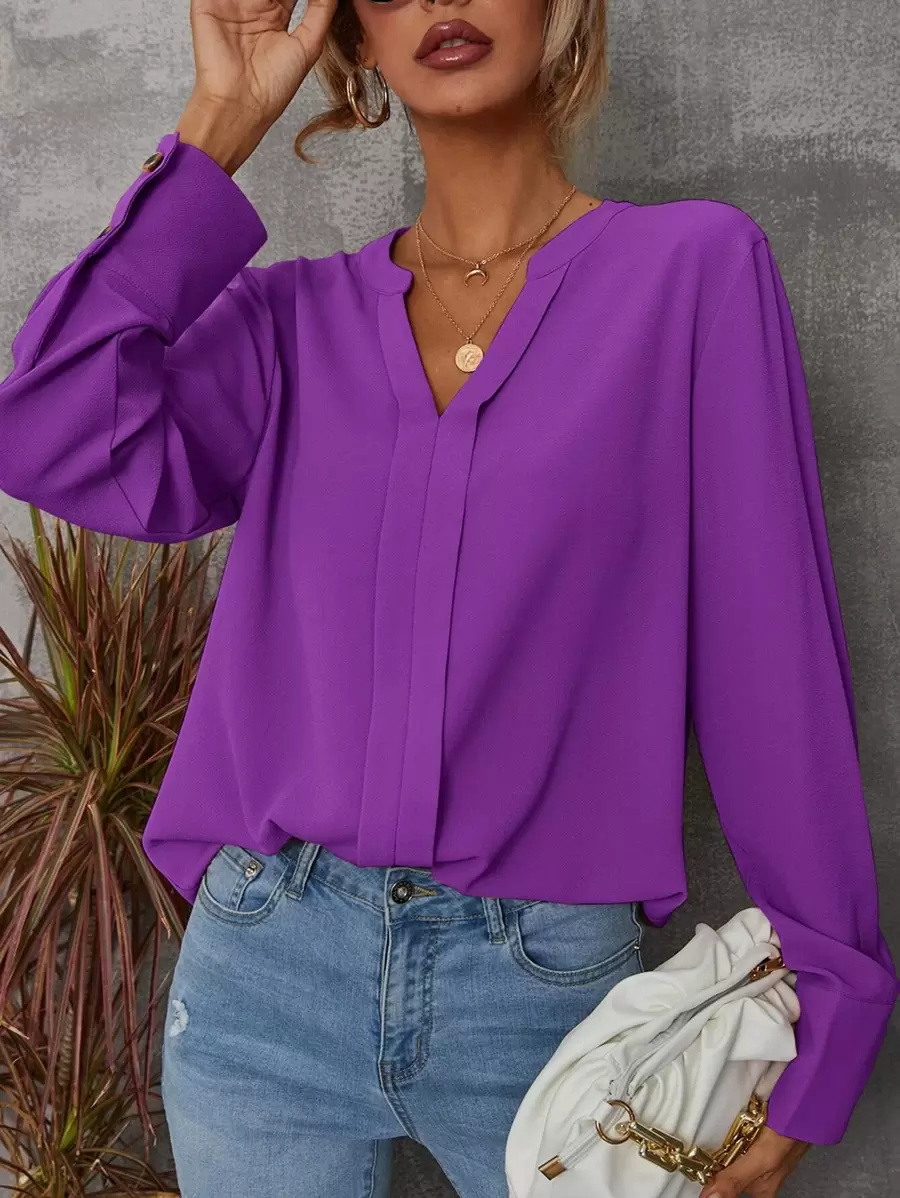 EMERY ROSE Solid Notched Buttoned Cuff Blouse,Long Sleeve Tops Fall Cloth For Women