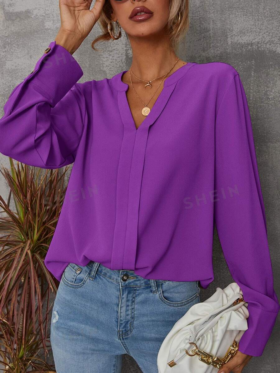 EMERY ROSE Blusa con puños abotonados y muesca sólida, blusas de manga larga - Morado - Ver 1