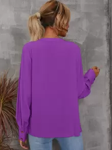 EMERY ROSE Solid Notched Buttoned Cuff Blouse,Long Sleeve Tops Fall Cloth For Women