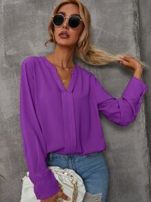 EMERY ROSE Solid Notched Buttoned Cuff Blouse,Long Sleeve Tops Fall Cloth For Women