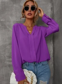 EMERY ROSE Solid Notched Buttoned Cuff Blouse,Long Sleeve Tops Fall Cloth For Women