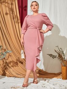 Modelyn Plus Puff Sleeve Draped Split Back Dress - Dusty Pink - View 2