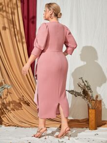 Modelyn Plus Puff Sleeve Draped Split Back Dress - Dusty Pink - View 3